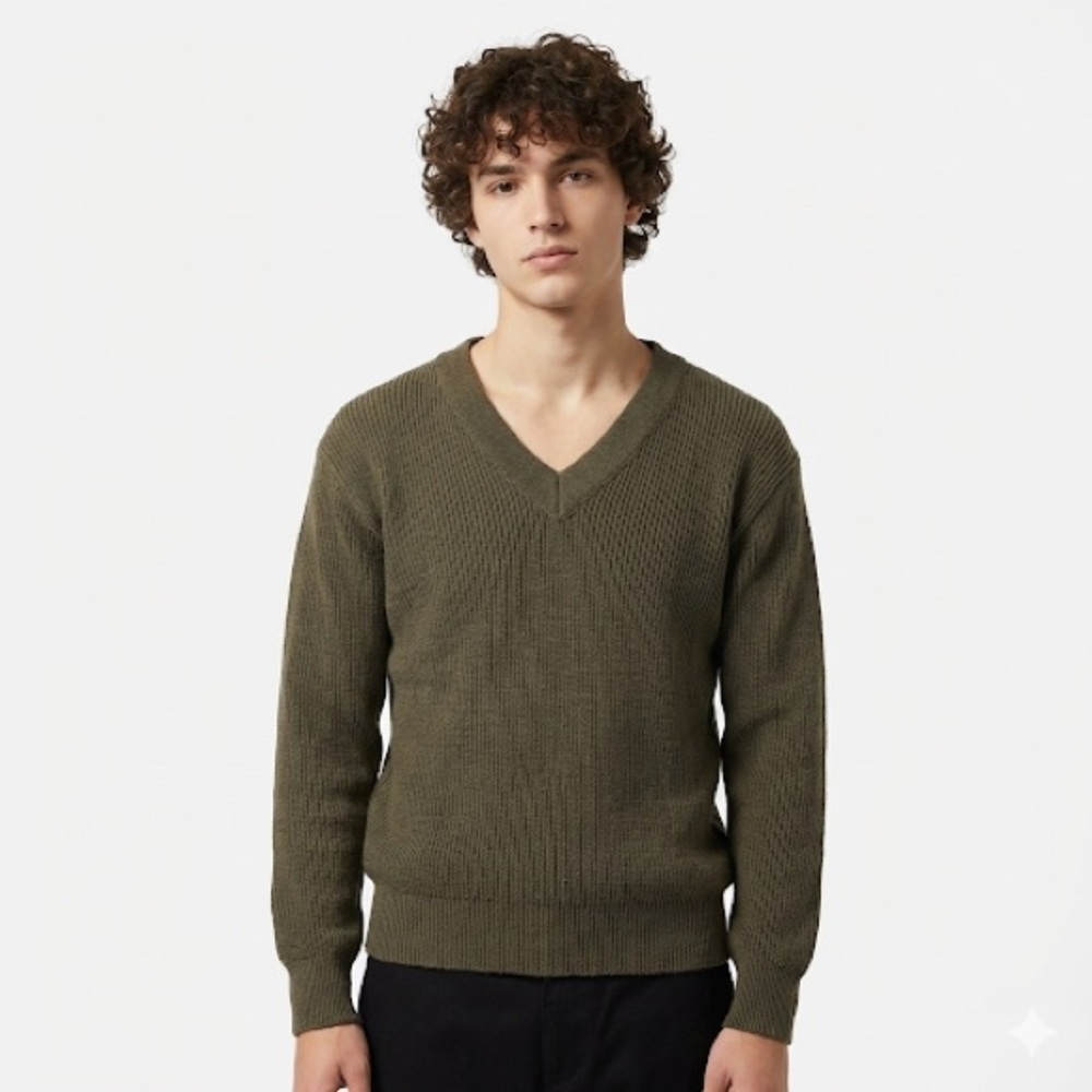 Devaux Vintage French Military V Neck Ribbed Knit Sweater Green Size 112